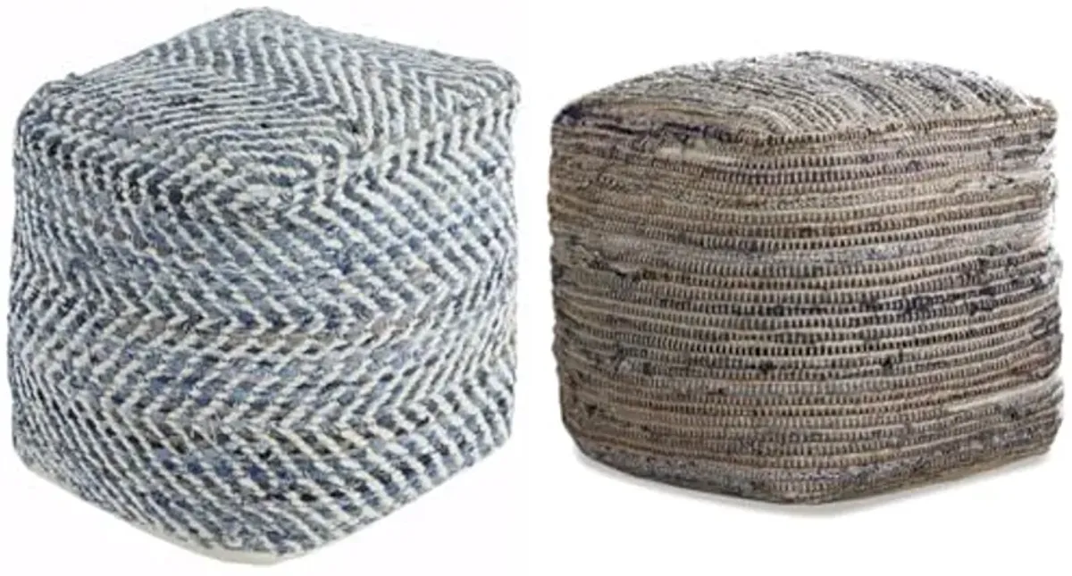 Signature Design Ashley Chevron Handmade Woven Denim Pouf and Decorative Pouf Bundle, Blue and White