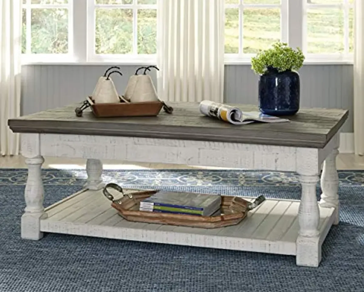 Ashley Havalance Lift Top Coffee Table with 2 Hidden Trays & Farmhouse Chair Side End Table, Gray & White