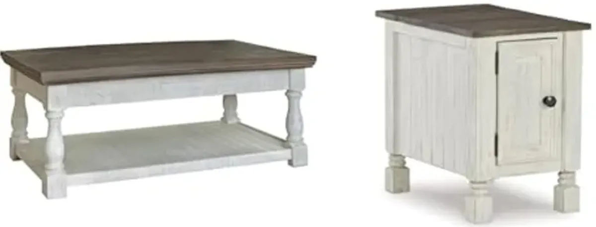 Ashley Havalance Lift Top Coffee Table with 2 Hidden Trays & Farmhouse Chair Side End Table, Gray & White