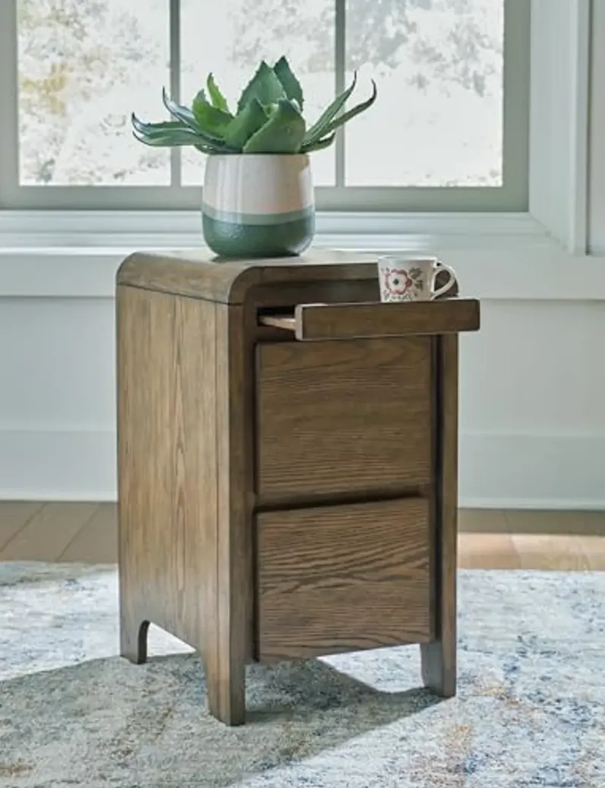 Signature Design by Ashley Jensworth Contemporary 2-Drawer Accent Table with USB Ports, Pull-Out Tray and Curved Edge Details, Light Brown