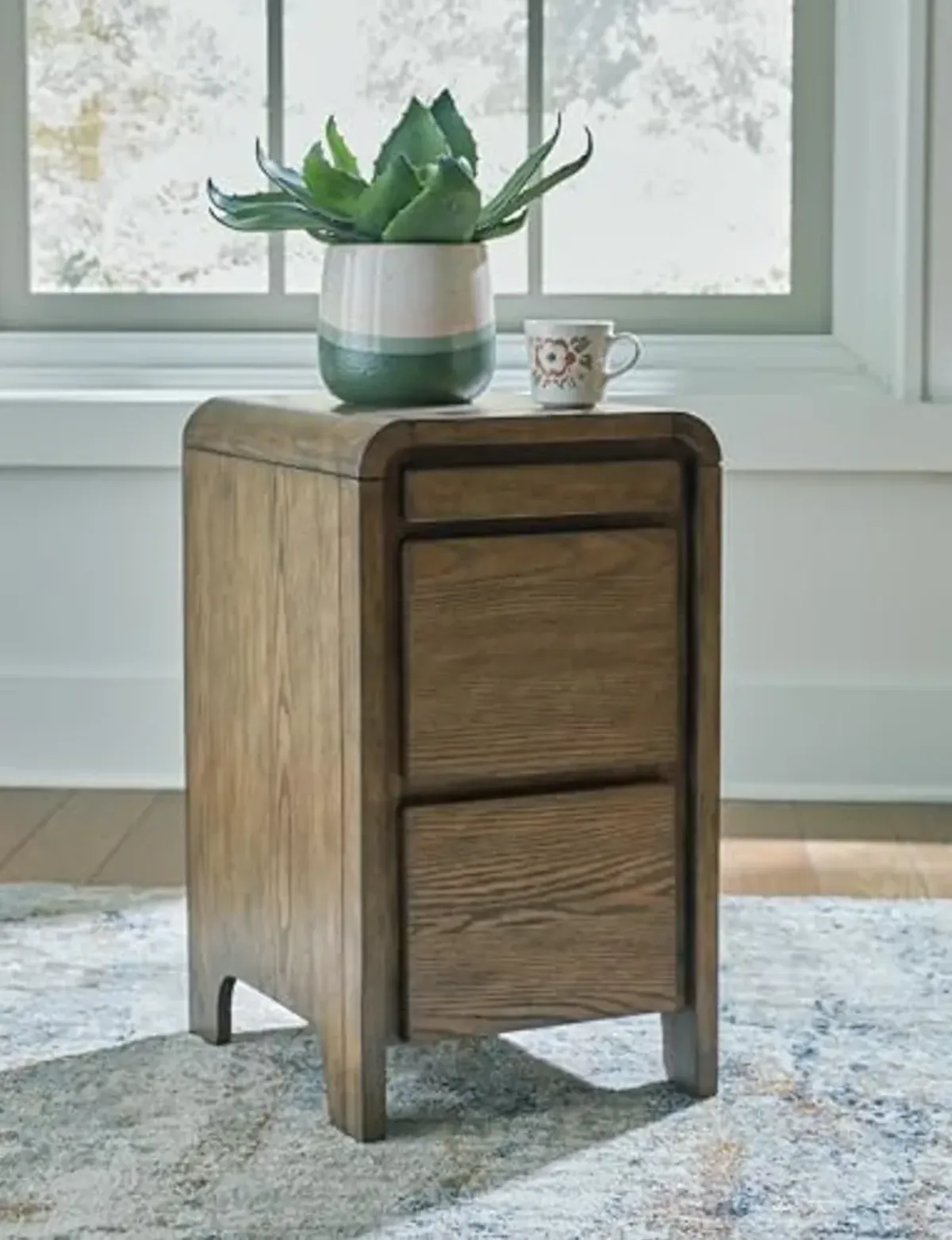 Signature Design by Ashley Jensworth Contemporary 2-Drawer Accent Table with USB Ports, Pull-Out Tray and Curved Edge Details, Light Brown