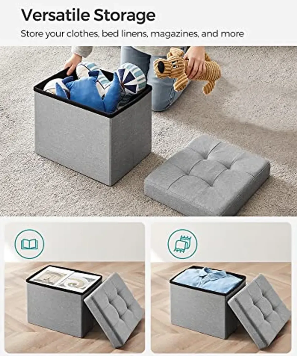 SONGMICS 30" Folding Storage Ottoman Bench & 12" Storage Ottoman Foot Rest Stool with Foam Padding, Light Gray