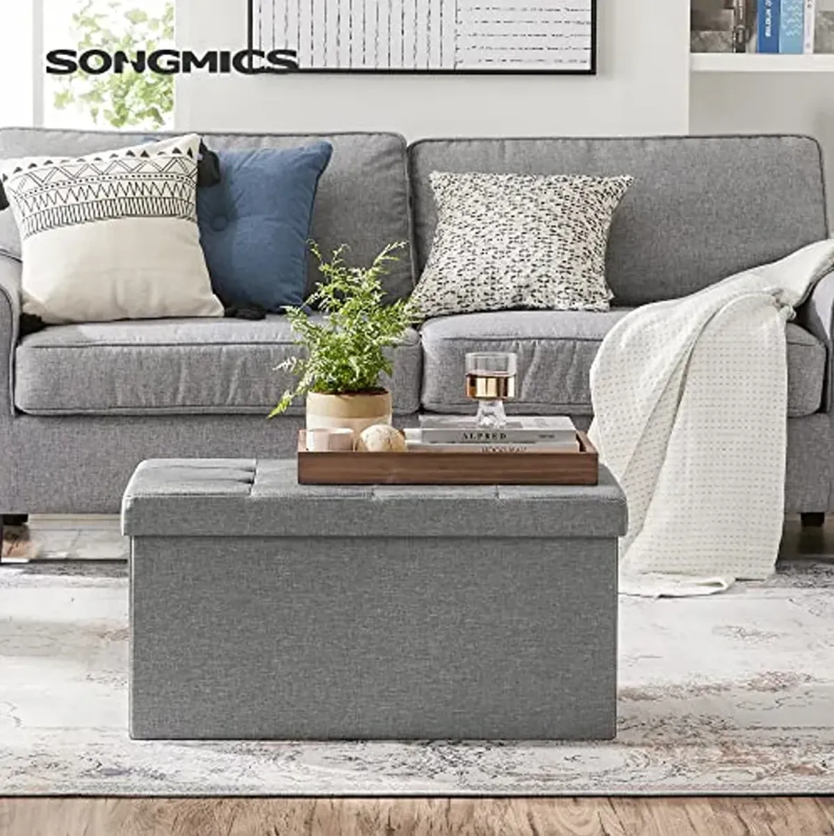 SONGMICS 30" Folding Storage Ottoman Bench & 12" Storage Ottoman Foot Rest Stool with Foam Padding, Light Gray