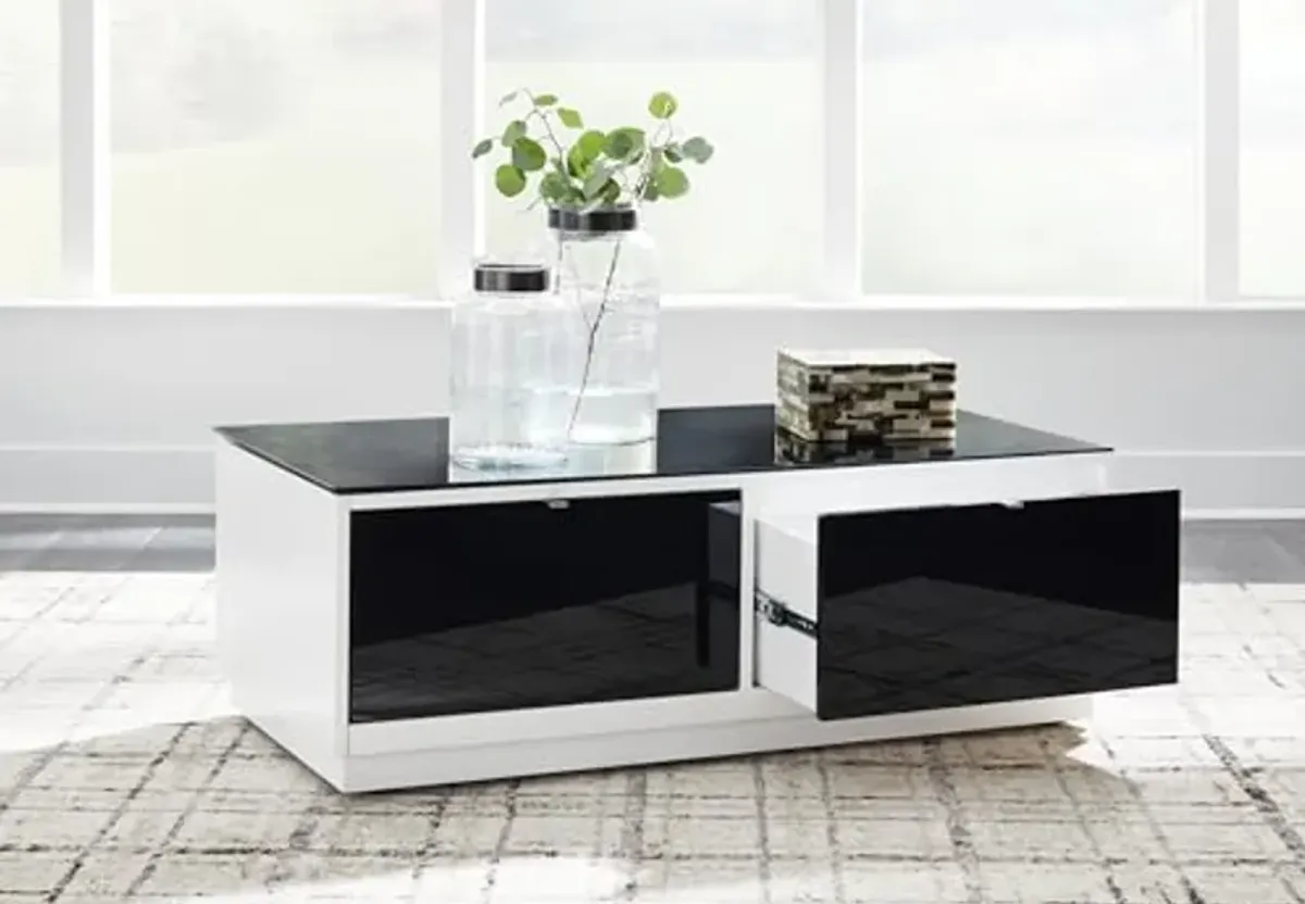 Signature Design by Ashley Gardoni Modern Glass-Tabletop Coffee Table with 2 Drawers, Open Shelf, Casters and High Gloss Finish, White & Black