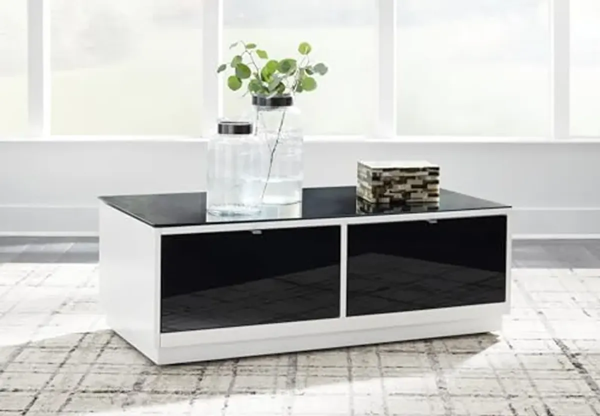 Signature Design by Ashley Gardoni Modern Glass-Tabletop Coffee Table with 2 Drawers, Open Shelf, Casters and High Gloss Finish, White & Black