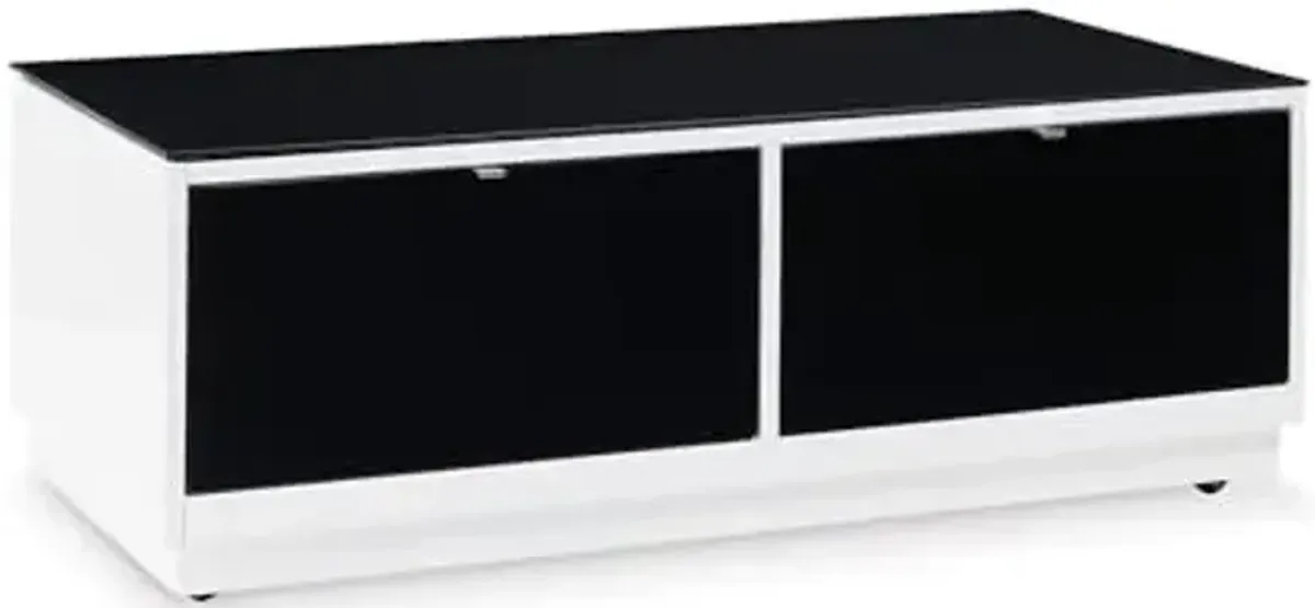 Signature Design by Ashley Gardoni Modern Glass-Tabletop Coffee Table with 2 Drawers, Open Shelf, Casters and High Gloss Finish, White & Black