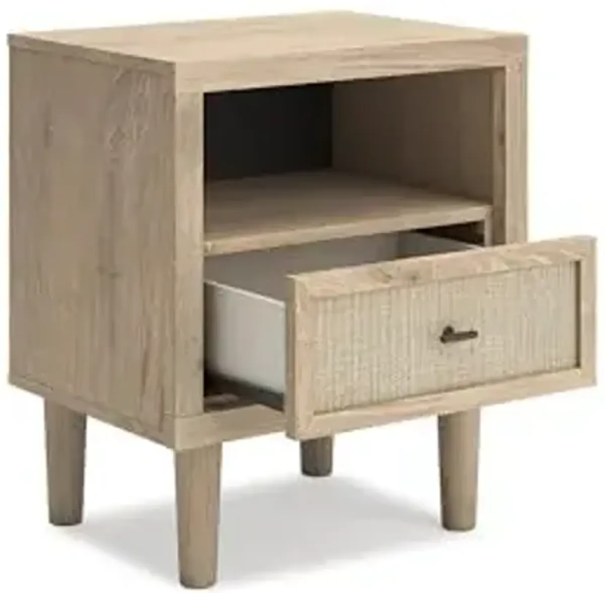 Signature Design by Ashley Cielden Farmhouse 1 Drawer Nightstand with Open Shelf, LED Lights, Wireless Charging and USB Ports, 25" Tall, Light Brown