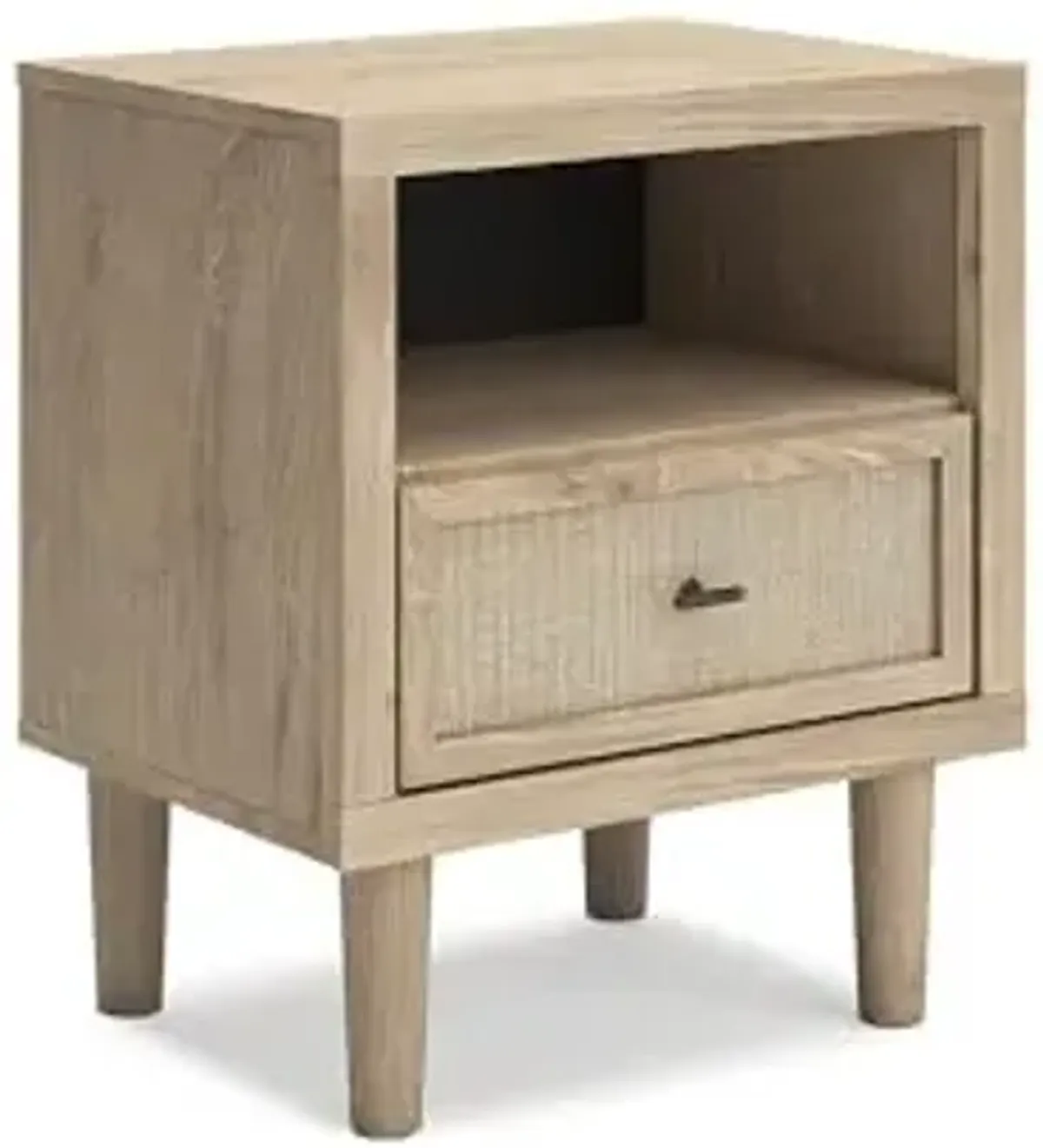 Signature Design by Ashley Cielden Farmhouse 1 Drawer Nightstand with Open Shelf, LED Lights, Wireless Charging and USB Ports, 25" Tall, Light Brown