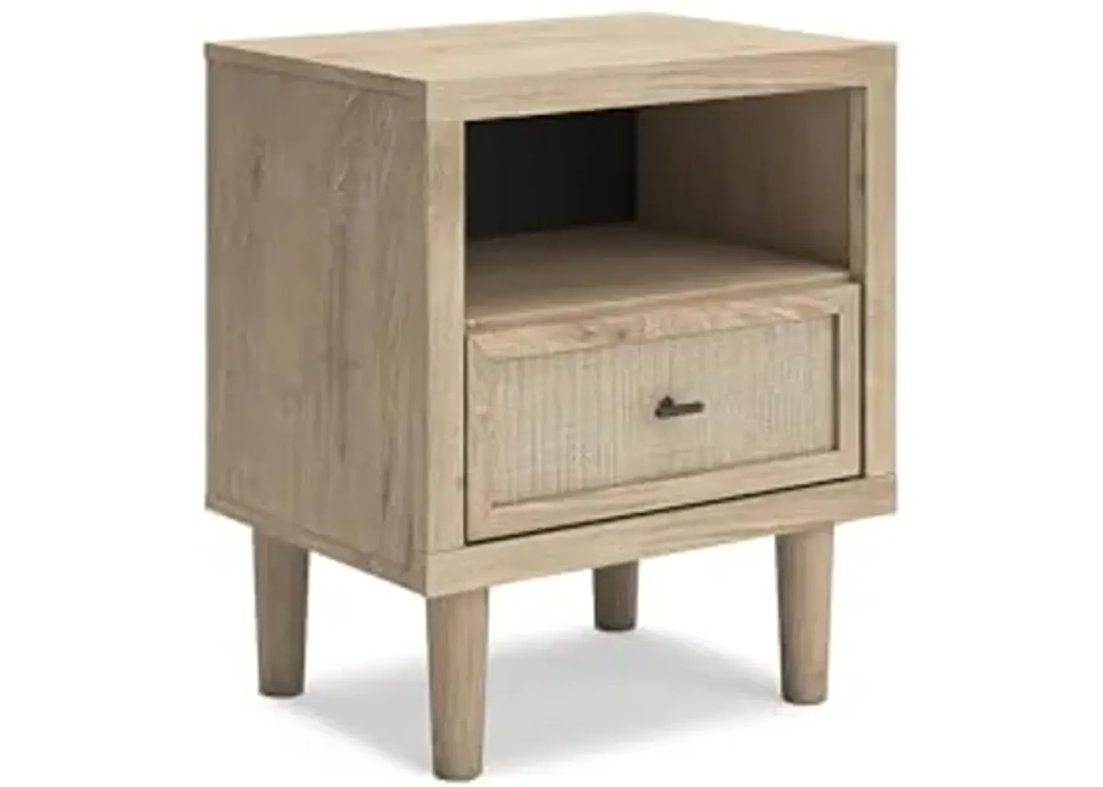 Signature Design by Ashley Cielden Farmhouse 1 Drawer Nightstand with Open Shelf, LED Lights, Wireless Charging and USB Ports, 25" Tall, Light Brown