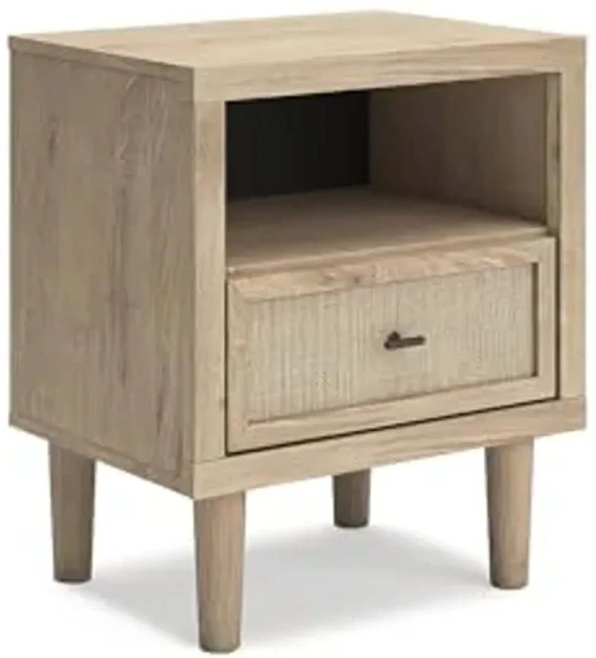 Signature Design by Ashley Cielden Farmhouse 1 Drawer Nightstand with Open Shelf, LED Lights, Wireless Charging and USB Ports, 25" Tall, Light Brown