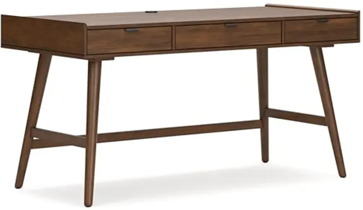 Signature Design by Ashley Lyncott Mid Century 3-Drawer 60" Home Office Desk with Cord Management, Open Cubby and Tapered Legs, Dark Brown