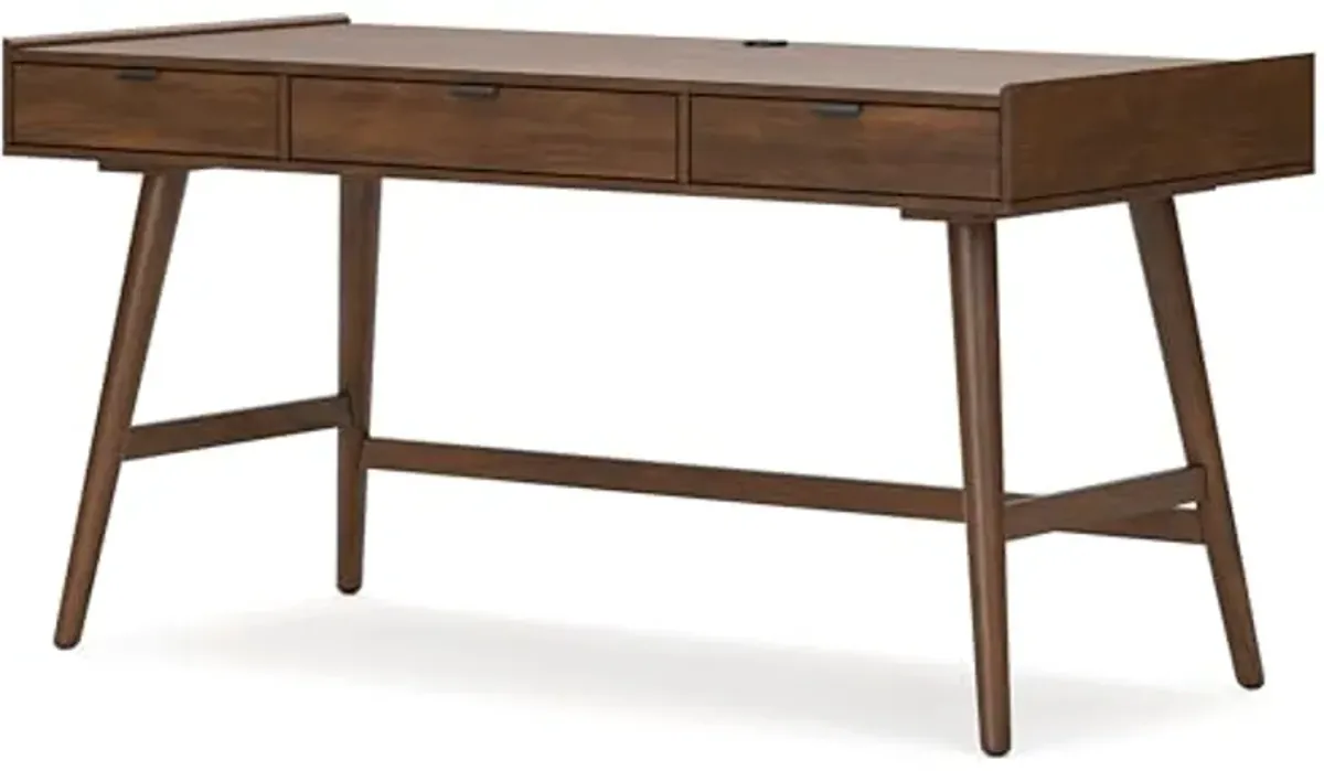 Signature Design by Ashley Lyncott Mid Century 3-Drawer 60" Home Office Desk with Cord Management, Open Cubby and Tapered Legs, Dark Brown