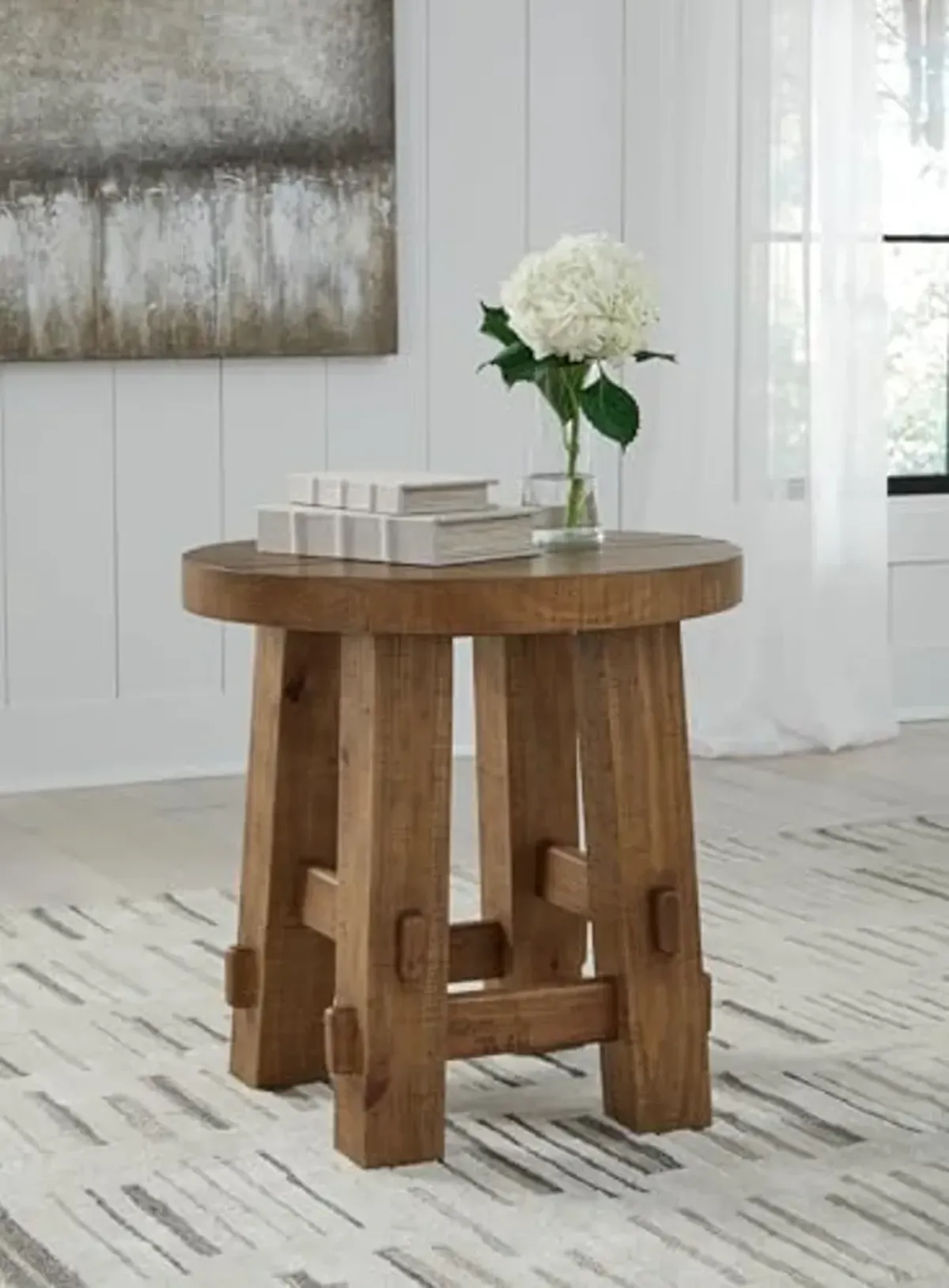 Signature Design by Ashley Mackifeld Farmhouse Distressed End Table with Post and Beam Construction, Light Brown