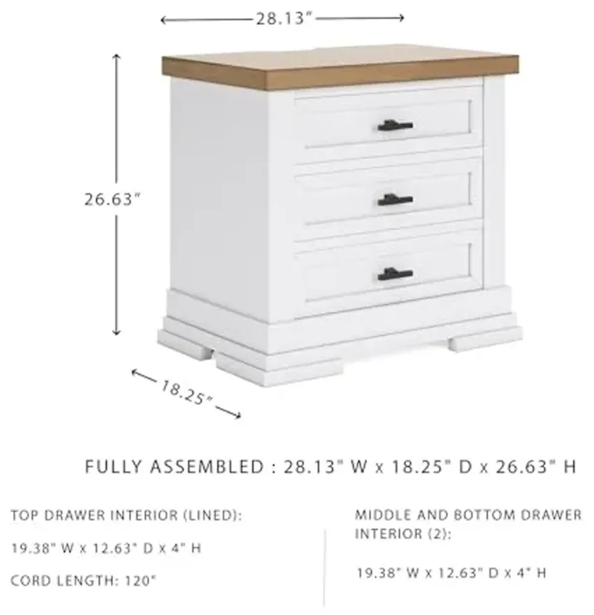 Signature Design by Ashley Ashbryn Three Drawer Farmhouse Style Nightstand – White & Natural Brown, USB Charging, Spacious Storage, Dovetail Drawers