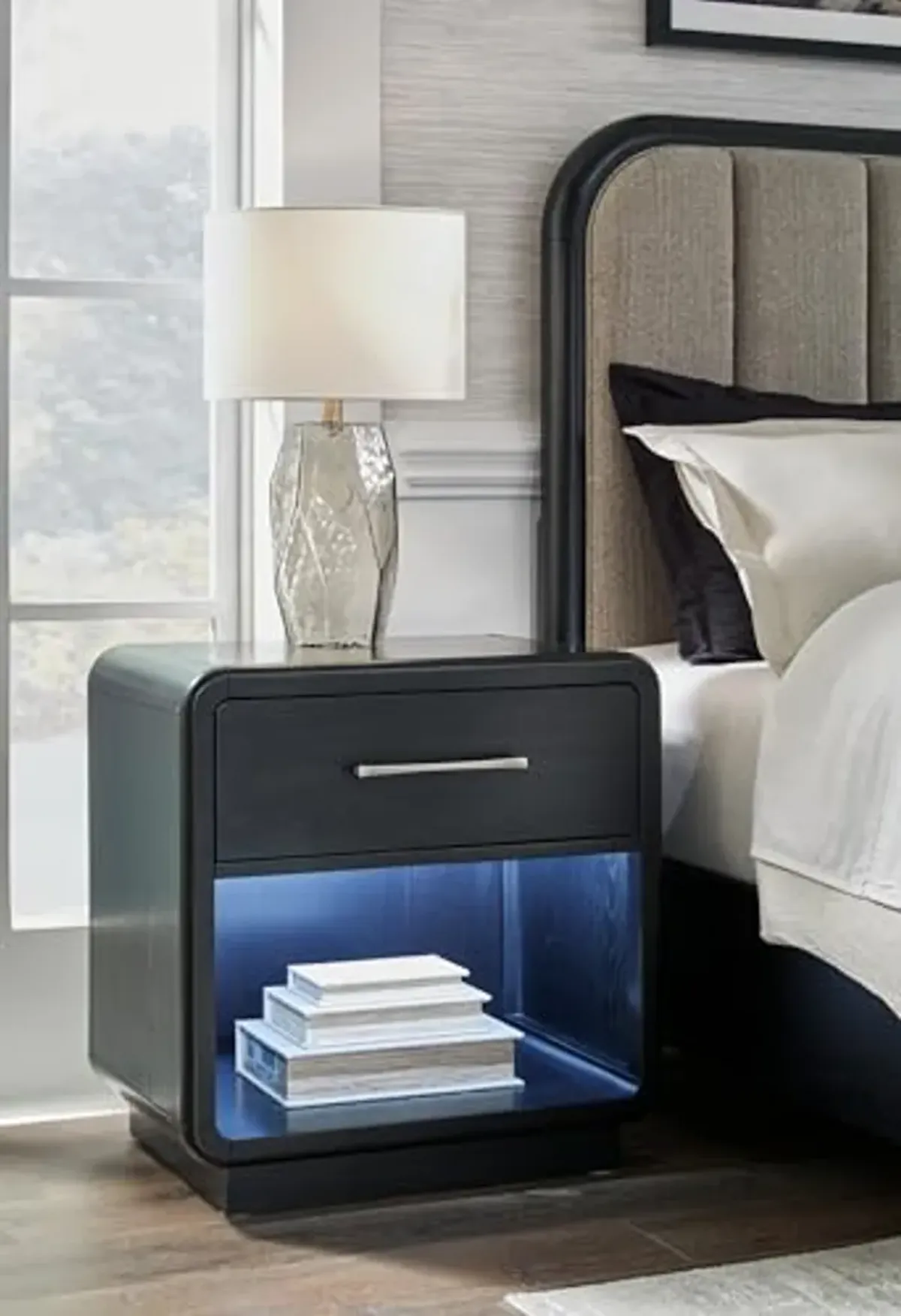 Signature Design by Ashley Rowanbeck Modern Felt-Lined 1 Drawer Nightstand with 1 Lower Shelf, LED Lights, Power Supply and USB Ports, 26.75" Tall, Black