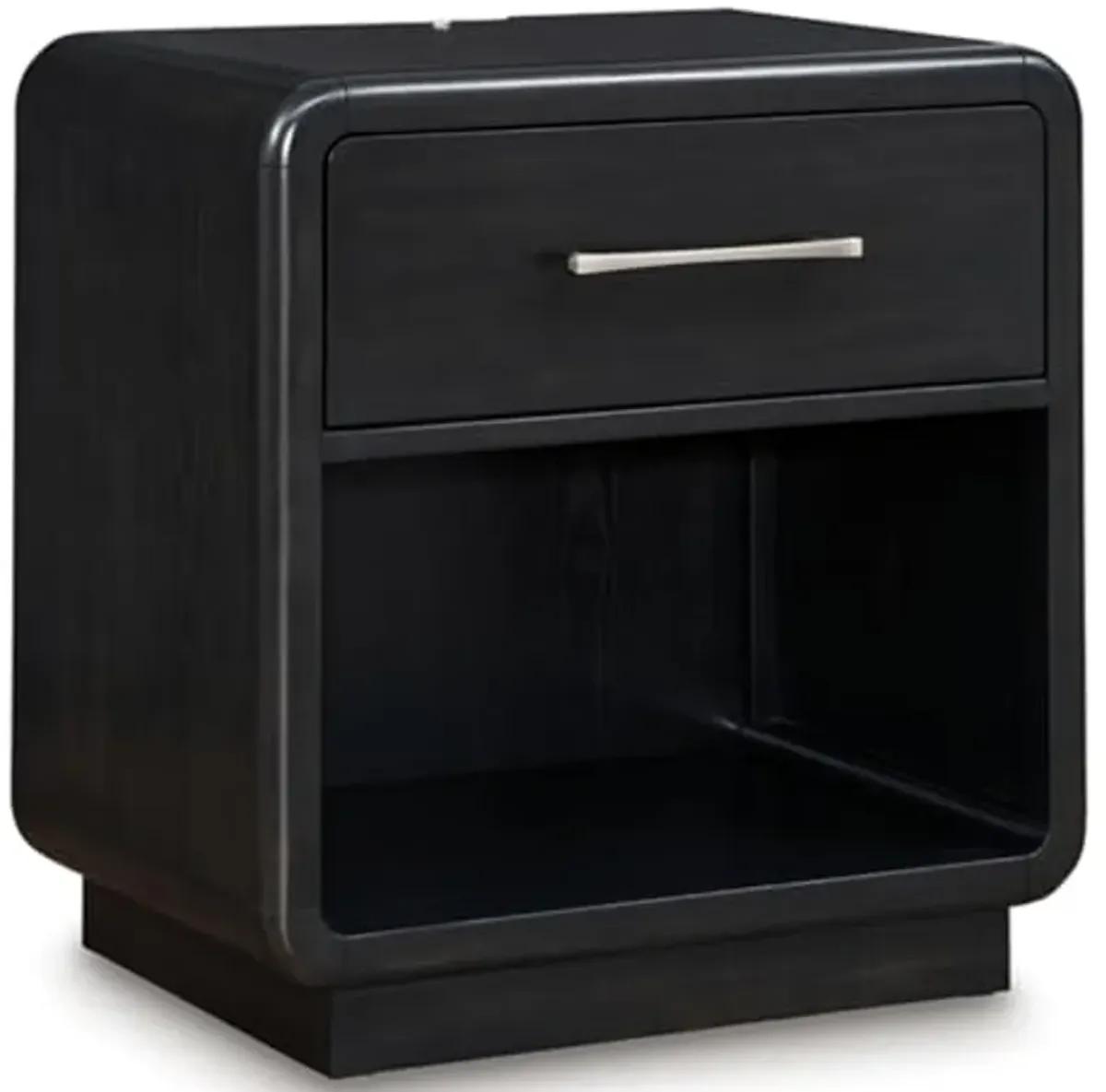 Signature Design by Ashley Rowanbeck Modern Felt-Lined 1 Drawer Nightstand with 1 Lower Shelf, LED Lights, Power Supply and USB Ports, 26.75" Tall, Black