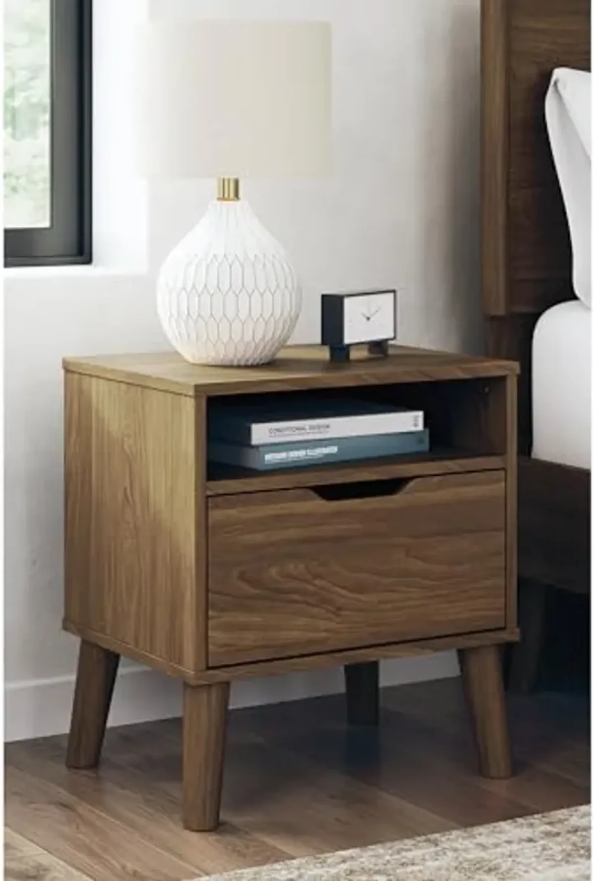 Signature Design by Ashley Fordmont Mid-Century Modern 1 Drawer Nightstand with Open Shelf, 21.85" Tall, Dark Brown