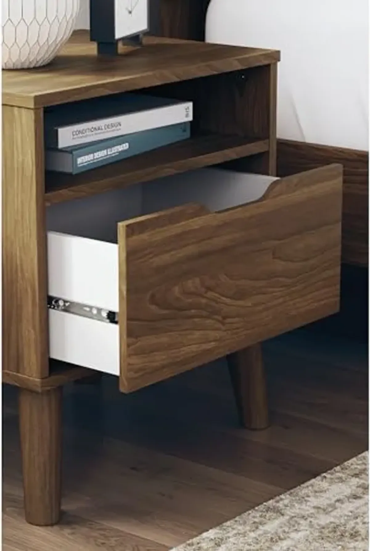 Signature Design by Ashley Fordmont Mid-Century Modern 1 Drawer Nightstand with Open Shelf, 21.85" Tall, Dark Brown