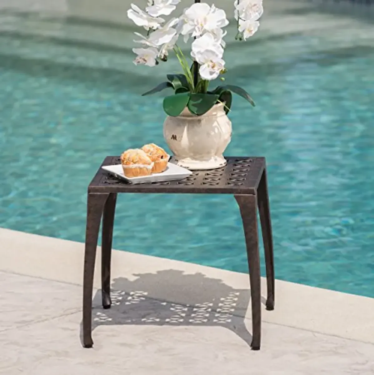 Christopher Knight Home Bronze Cast Aluminum Outdoor Side Table and Sauder North Avenue Sofa Table in Charter Oak Finish