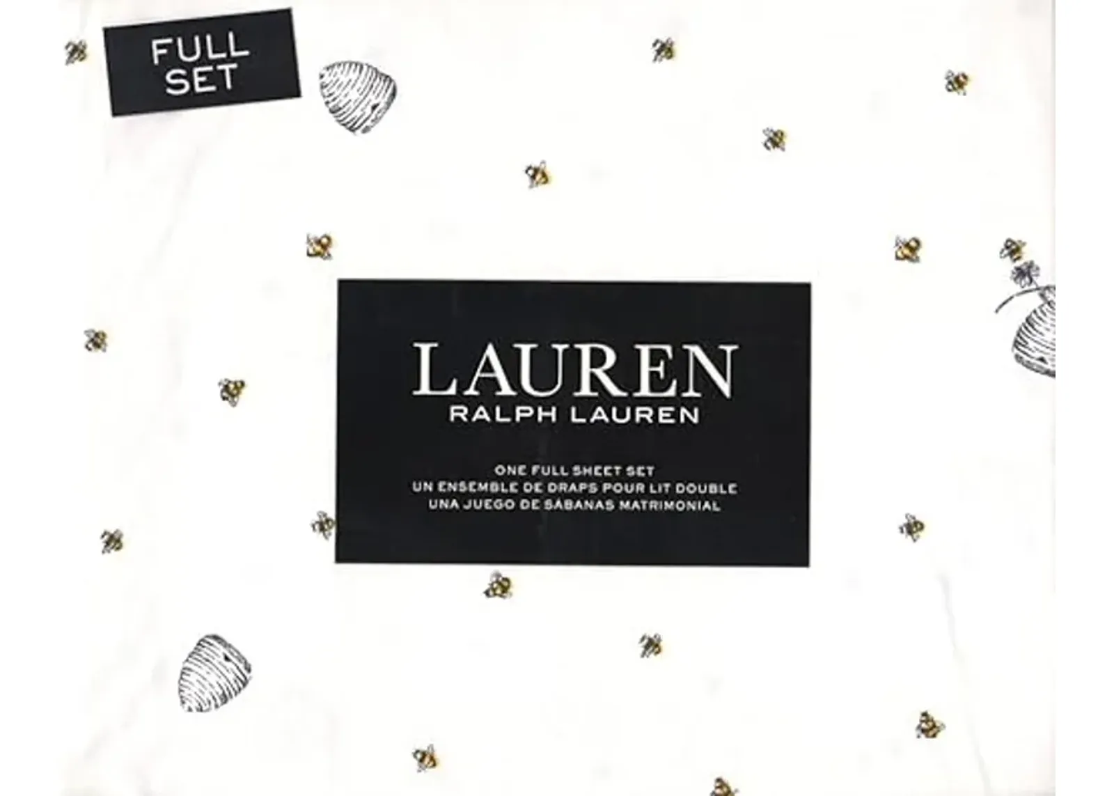 Lauren Ralph Lauren Bee Beehive 4 pc Full Sheet Set Black Grey Yellow on White