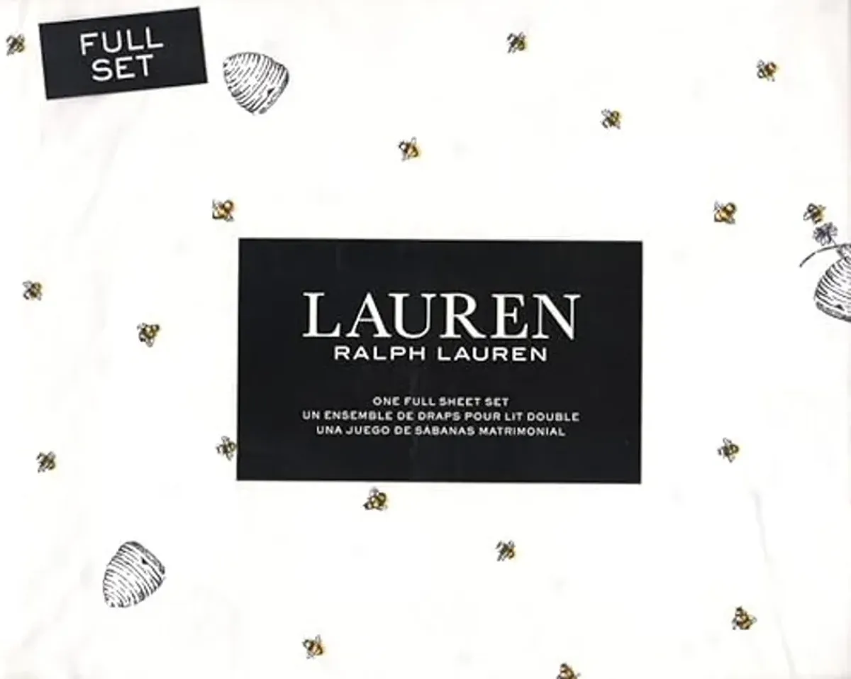 Lauren Ralph Lauren Bee Beehive 4 pc Full Sheet Set Black Grey Yellow on White