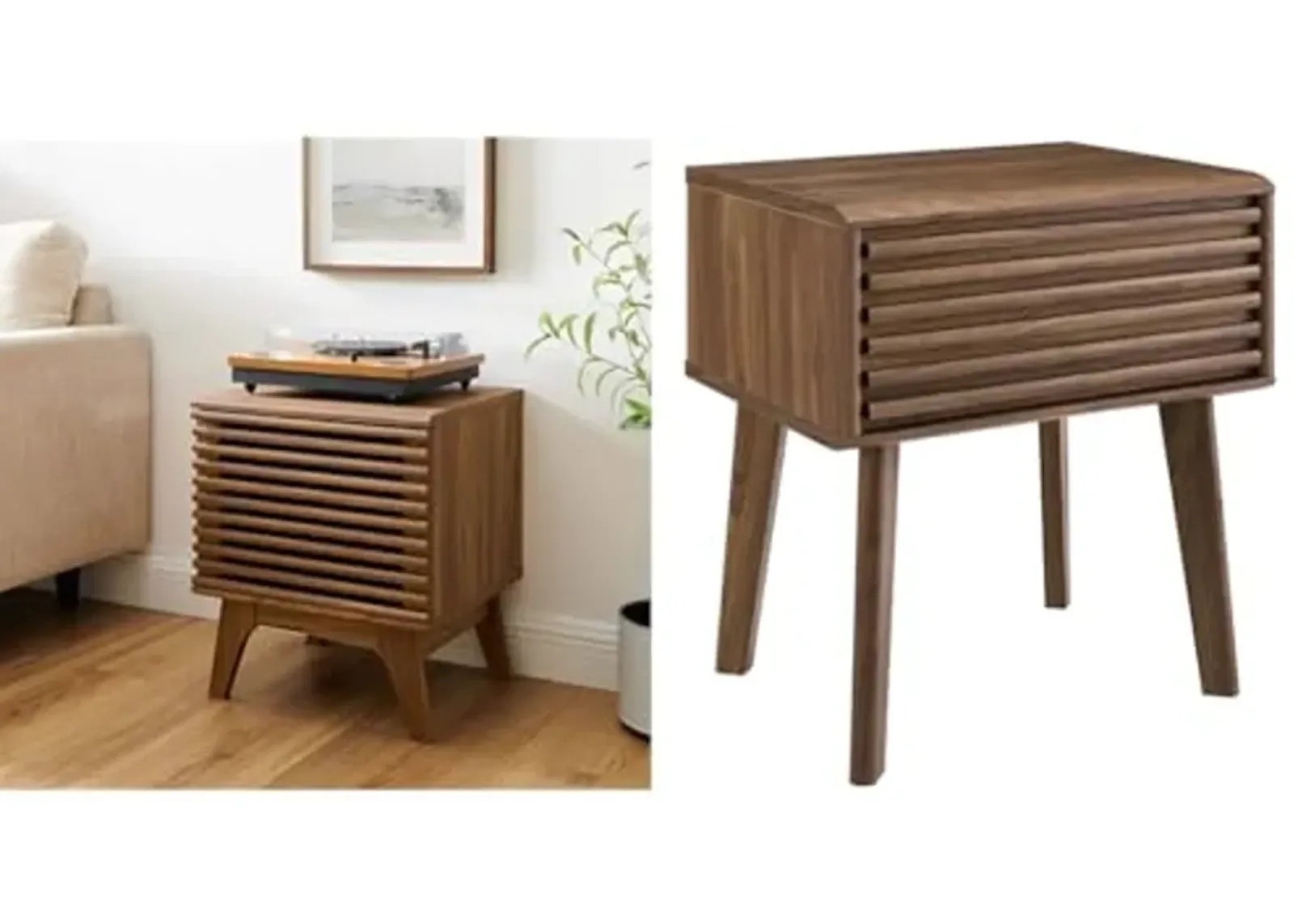 Modway 19" Vinyl Record Display Stand in Walnut and End Table or Nightstand in Walnut