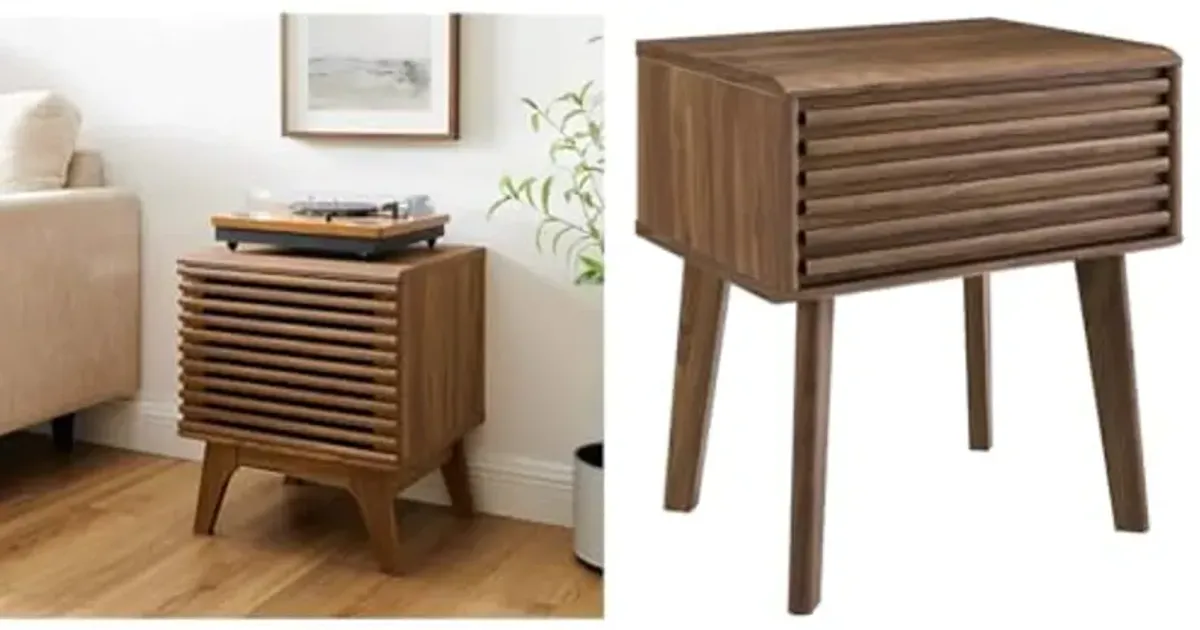 Modway 19" Vinyl Record Display Stand in Walnut and End Table or Nightstand in Walnut