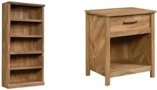 Sauder 5-Shelf Bookcase and Nightstand Bundle, Mango Finish, Bookcase Dimensions L: 35.28" x W: 13.23" x H: 69.76", Nightstand Dimensions L: 22.13" x W: 17.56" x H: 25.71"