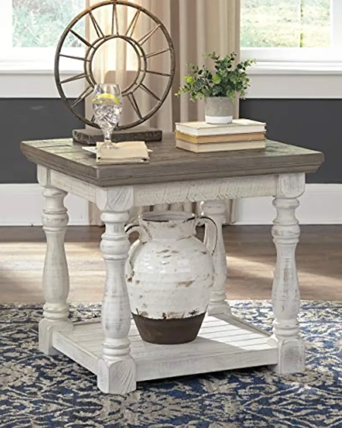 Ashley Havalance 2-Piece Farmhouse Square End Table Set, White & Gray