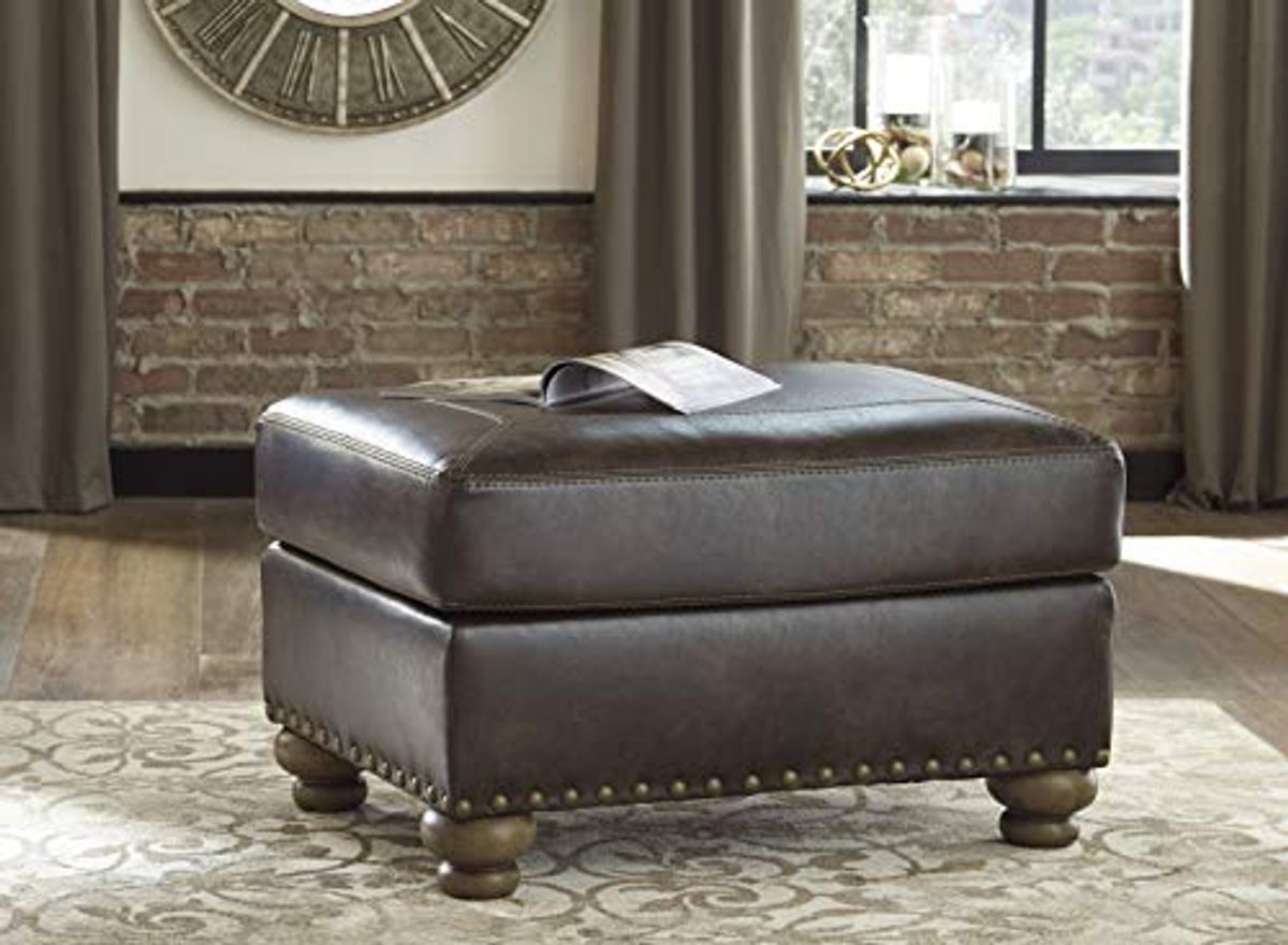 Ashley Nicorvo Traditional Faux Leather Chair & Ottoman Set with Gold Nailhead Trim, Brown