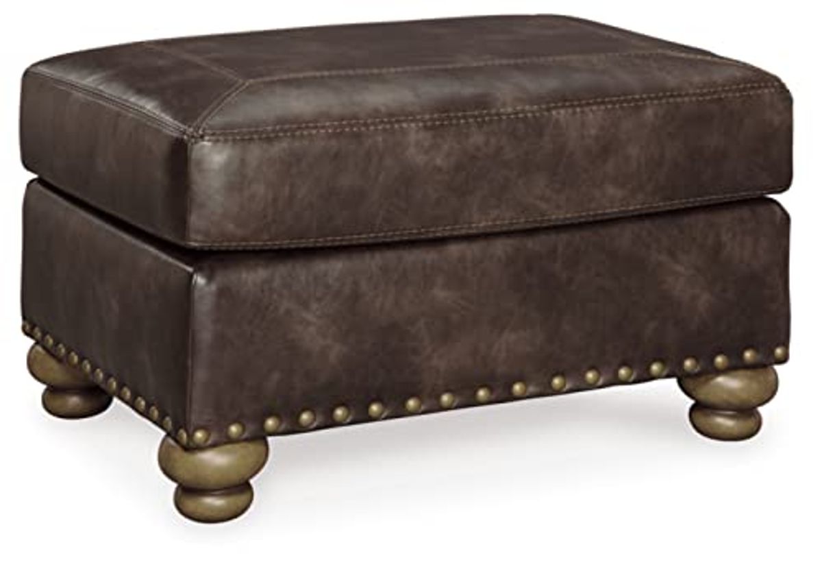 Ashley Nicorvo Traditional Faux Leather Chair & Ottoman Set with Gold Nailhead Trim, Brown