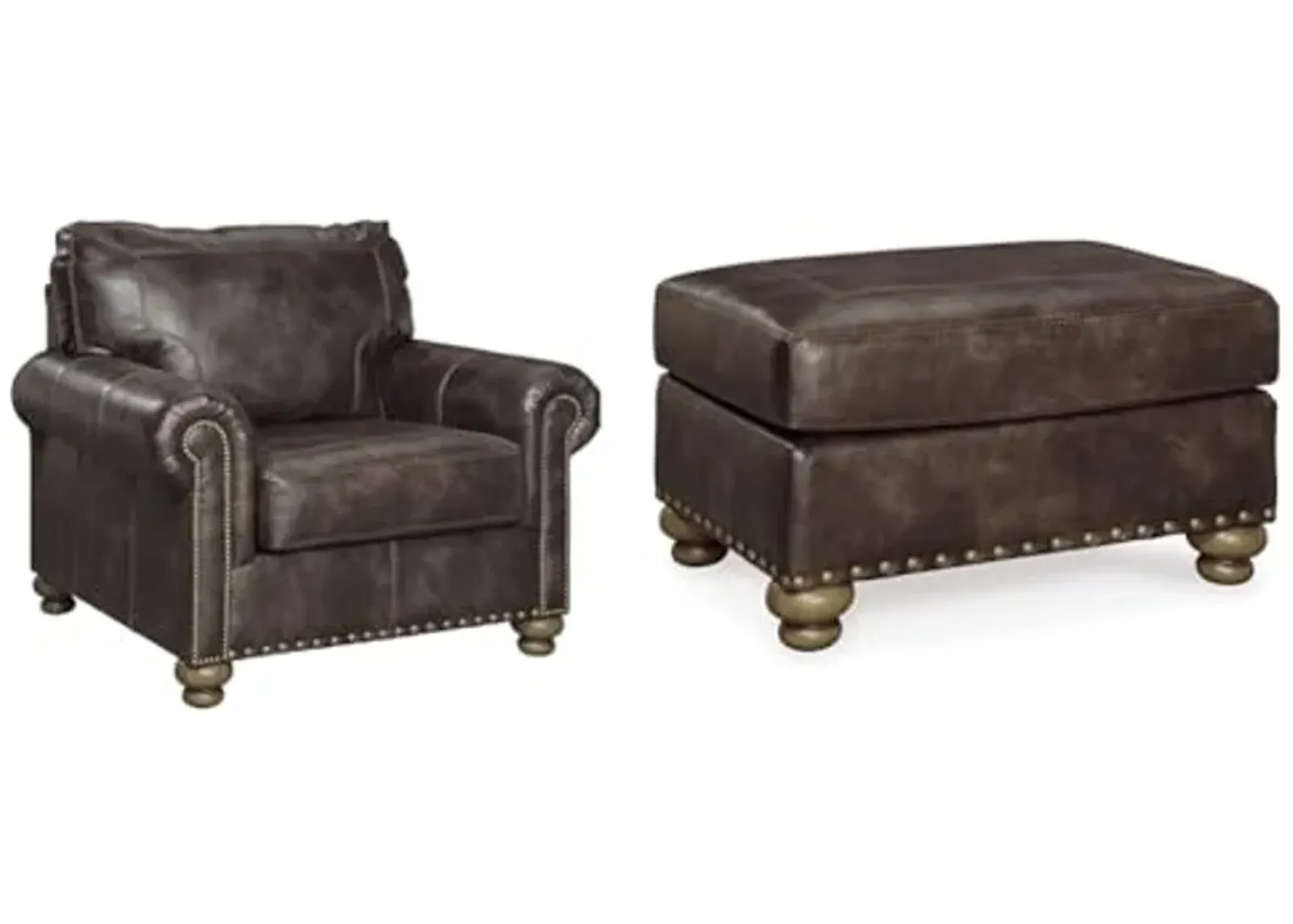 Ashley Nicorvo Traditional Faux Leather Chair & Ottoman Set with Gold Nailhead Trim, Brown