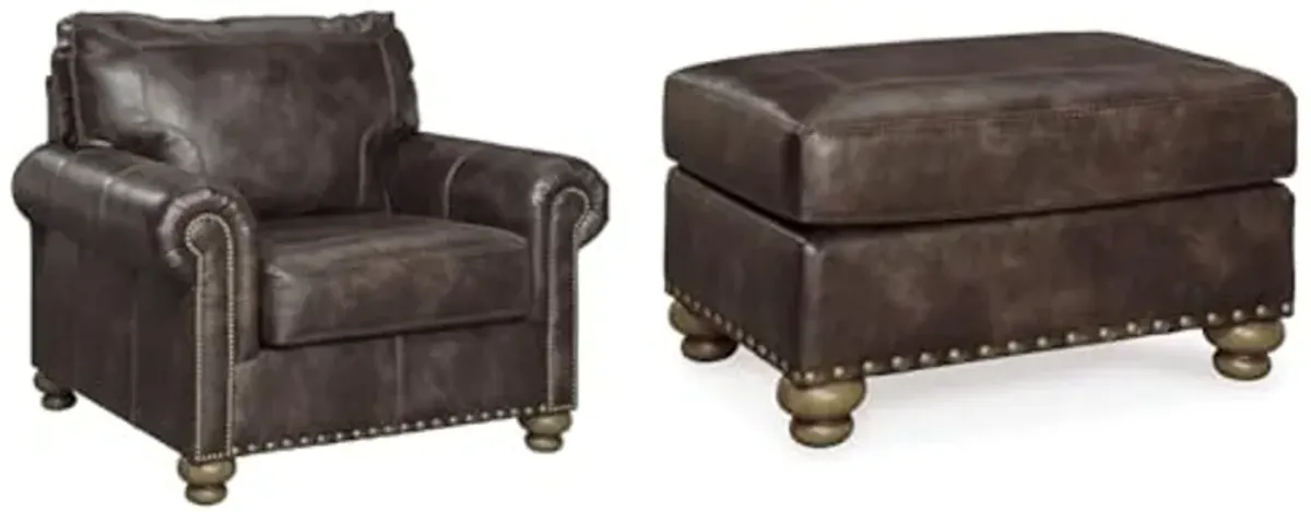 Ashley Nicorvo Traditional Faux Leather Chair & Ottoman Set with Gold Nailhead Trim, Brown