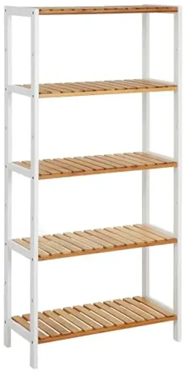 SONGMICS Bamboo Storage Shelf, 5-Tier Shelving Unit, Multifunctional, in The Entryway, Bathroom, Living Room, Balcony, Kitchen, 10.2 x 23.6 x 51.2 Inches, Cloud White and Light Bamboo UBCB35WN