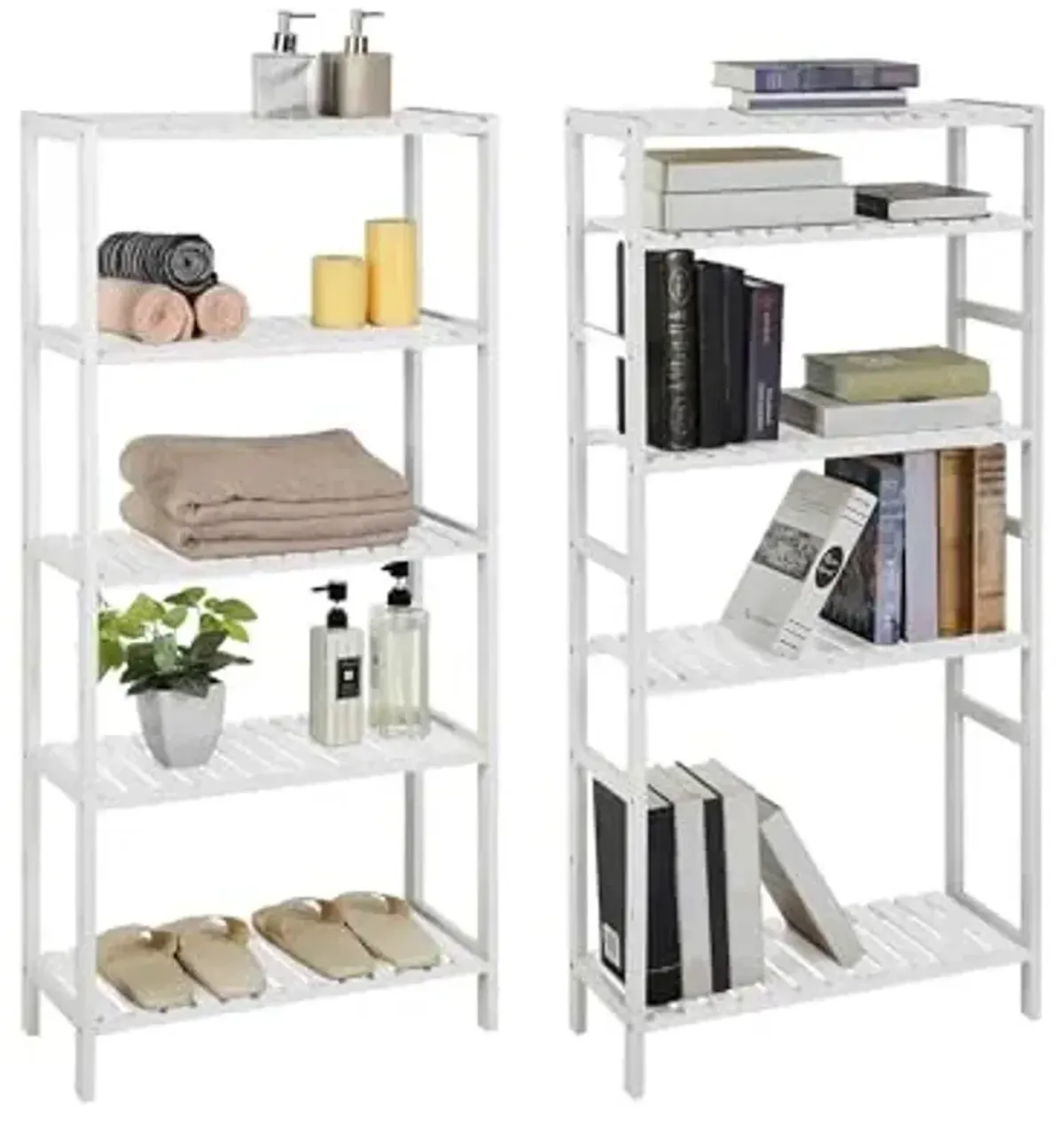 SONGMICS Bamboo Storage Shelf, 5-Tier Shelving Unit, Multifunctional, in The Entryway, Bathroom, Living Room, Balcony, Kitchen, 10.2 x 23.6 x 51.2 Inches, Cloud White UBCB35WT