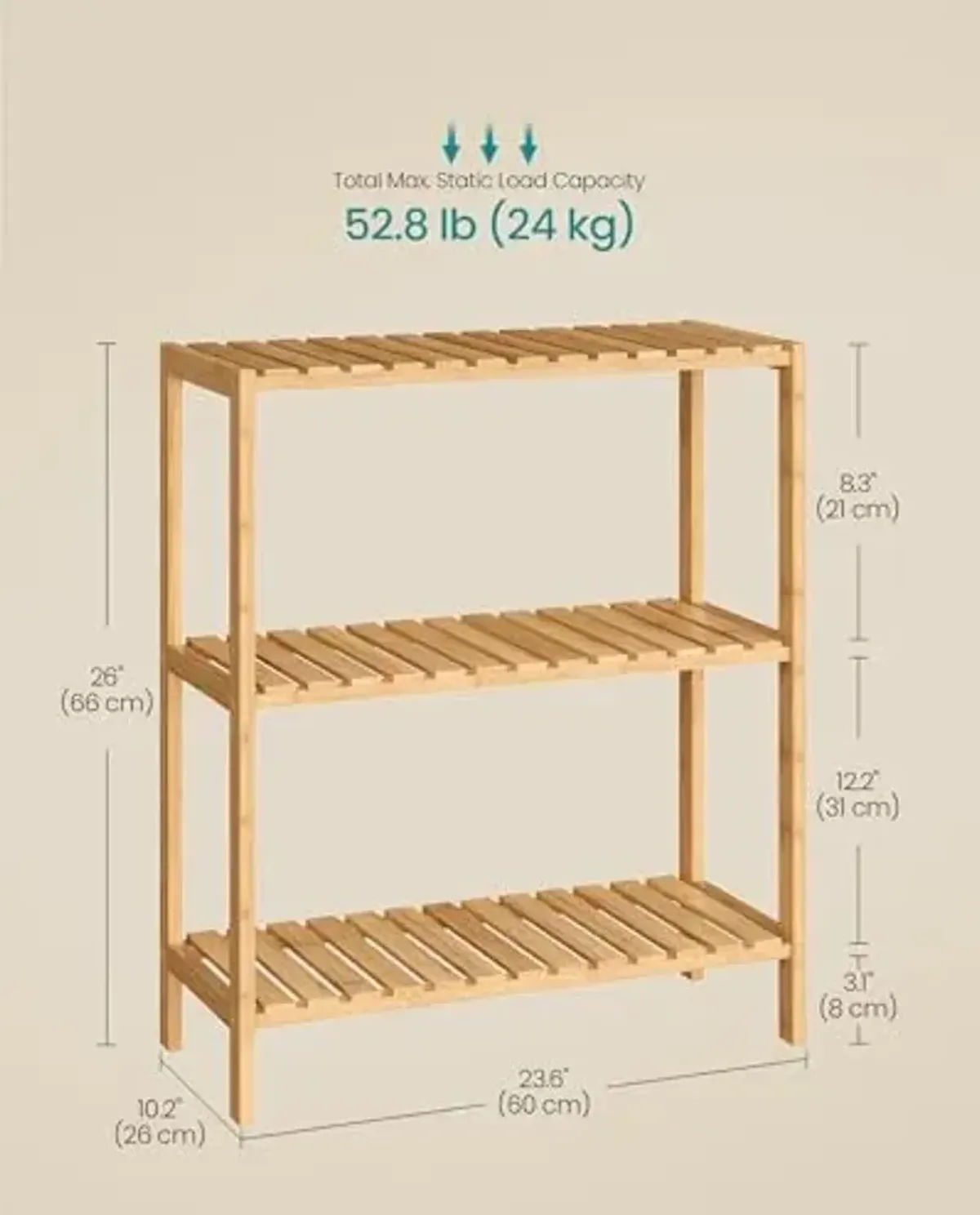SONGMICS Bamboo Storage Shelf, 3-Tier Shelving Unit, Multifunctional, in The Entryway, Bathroom, Living Room, Balcony, Kitchen, 10.2 x 23.6 x 26 Inches, Light Bamboo UBCB33Y