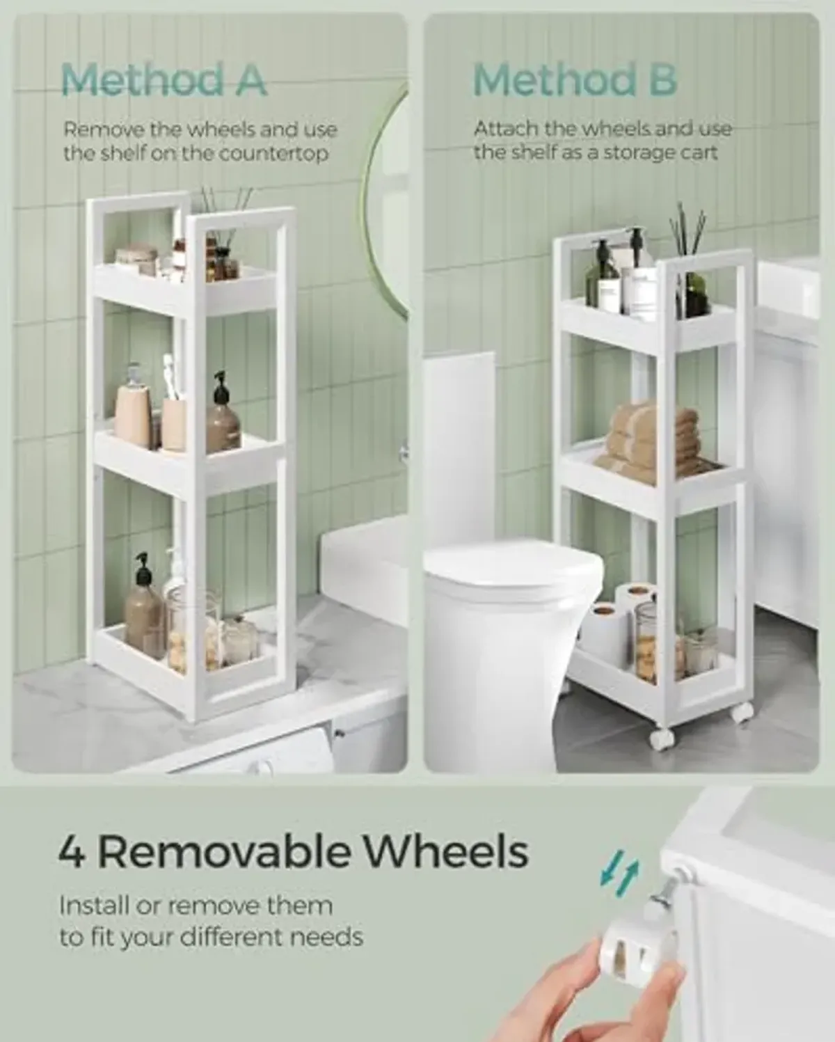 SONGMICS Bamboo Rolling Cart, 3-Tier Utility Cart on Wheels, Slim Narrow Storage Shelf, Bamboo Shelves, Space-Saving, Multifunctional, for Bathroom, Kitchen, White UBCB083W01