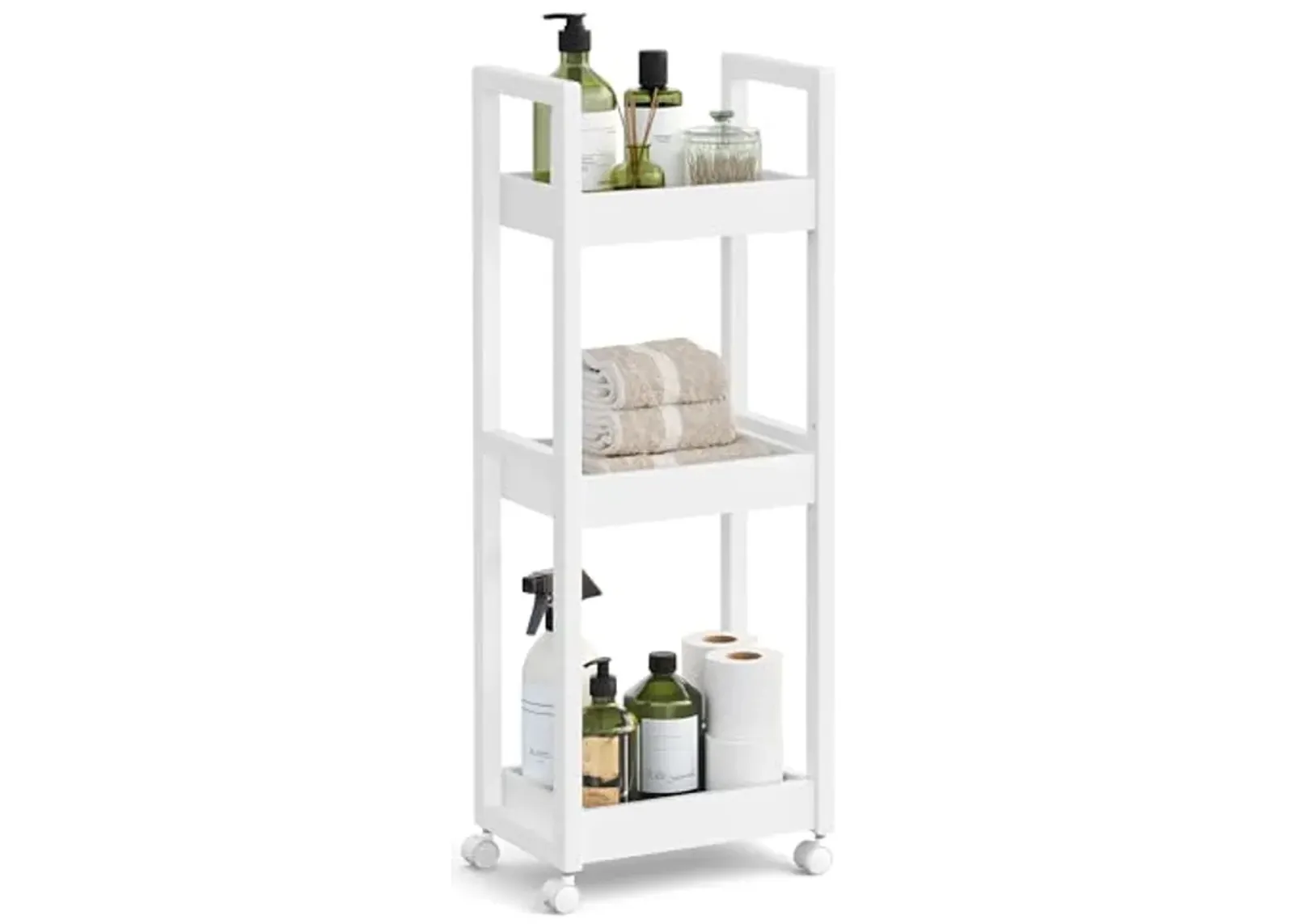 SONGMICS Bamboo Rolling Cart, 3-Tier Utility Cart on Wheels, Slim Narrow Storage Shelf, Bamboo Shelves, Space-Saving, Multifunctional, for Bathroom, Kitchen, White UBCB083W01