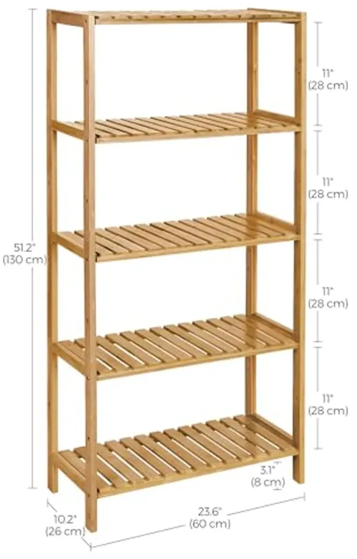 SONGMICS Bamboo Storage Shelf, 5-Tier Shelving Unit, Multifunctional, in The Entryway, Bathroom, Living Room, Balcony, Kitchen, 10.2 x 23.6 x 51.2 Inches, Natural UBCB35Y