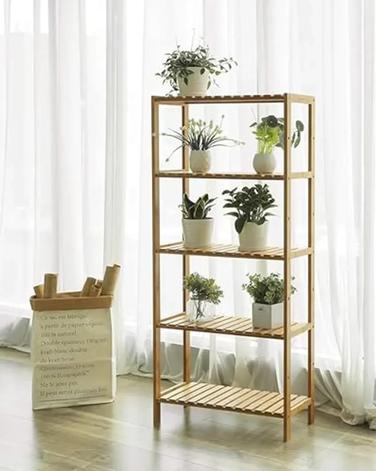 SONGMICS Bamboo Storage Shelf, 5-Tier Shelving Unit, Multifunctional, in The Entryway, Bathroom, Living Room, Balcony, Kitchen, 10.2 x 23.6 x 51.2 Inches, Natural UBCB35Y