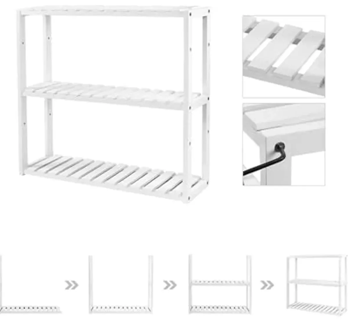 SONGMICS Bamboo Bathroom Shelf, 3-Tier Adjustable Plants Rack, Wall-Mounted or Stand, in The Living Room, Balcony, Kitchen, Cloud White UBCB13W