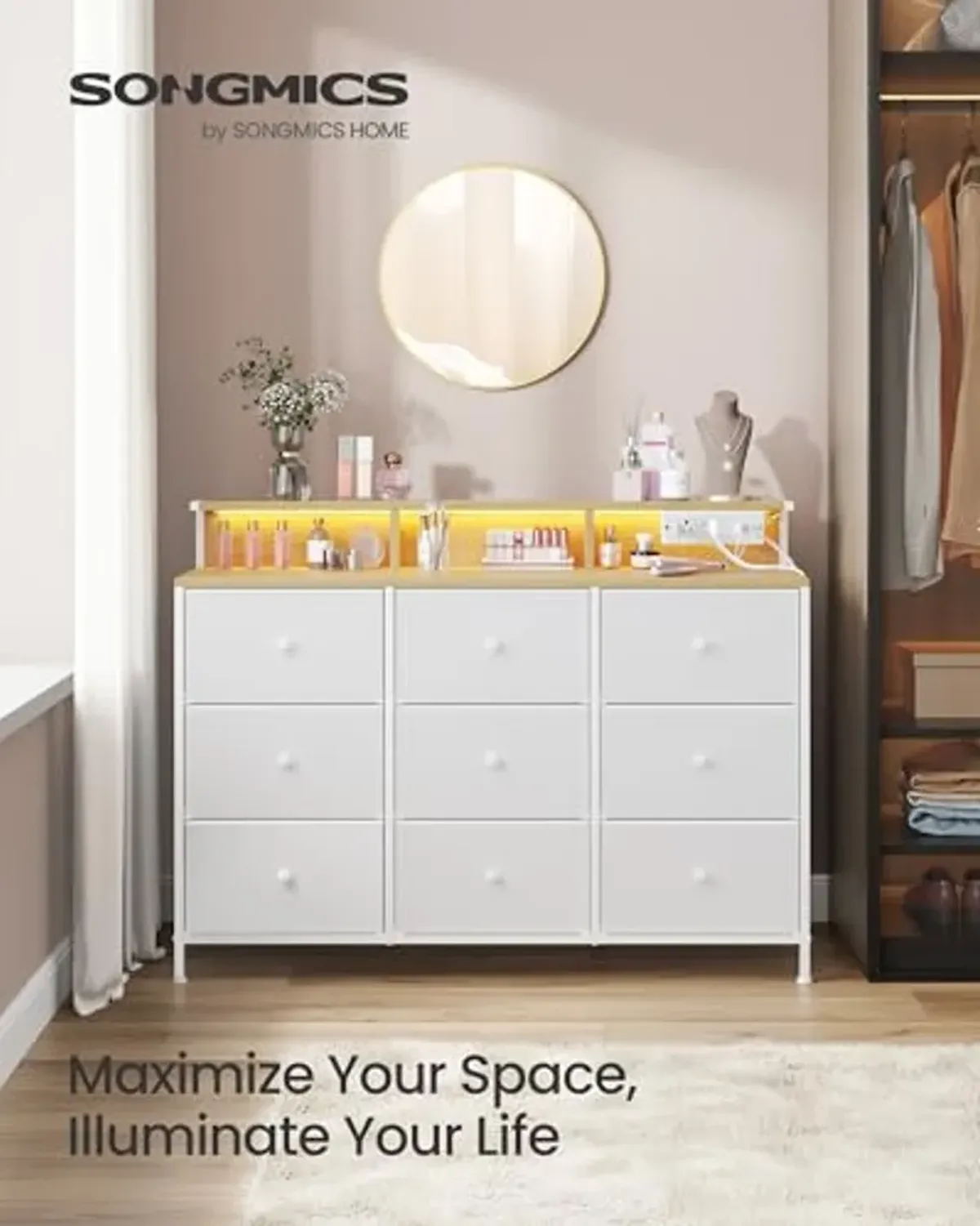 SONGMICS Dresser for Bedroom, Storage Organizer with 9 Fabric Drawers and LED Lights, Charging Station, Steel Frame, 13.2 x 44.9 x 33 Inches, Entryway, Cloud White ULTS519W01