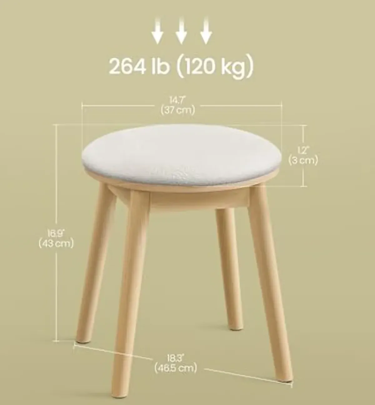 SONGMICS HOME BOHOVEN Collection - Vanity Stool, Upholstered Makeup Stool with Solid Wood Legs, Round Footstool, Non-Slip Foot Pads, Boho Style, for Bedroom, Makeup Room, Cream White and Oak Beige