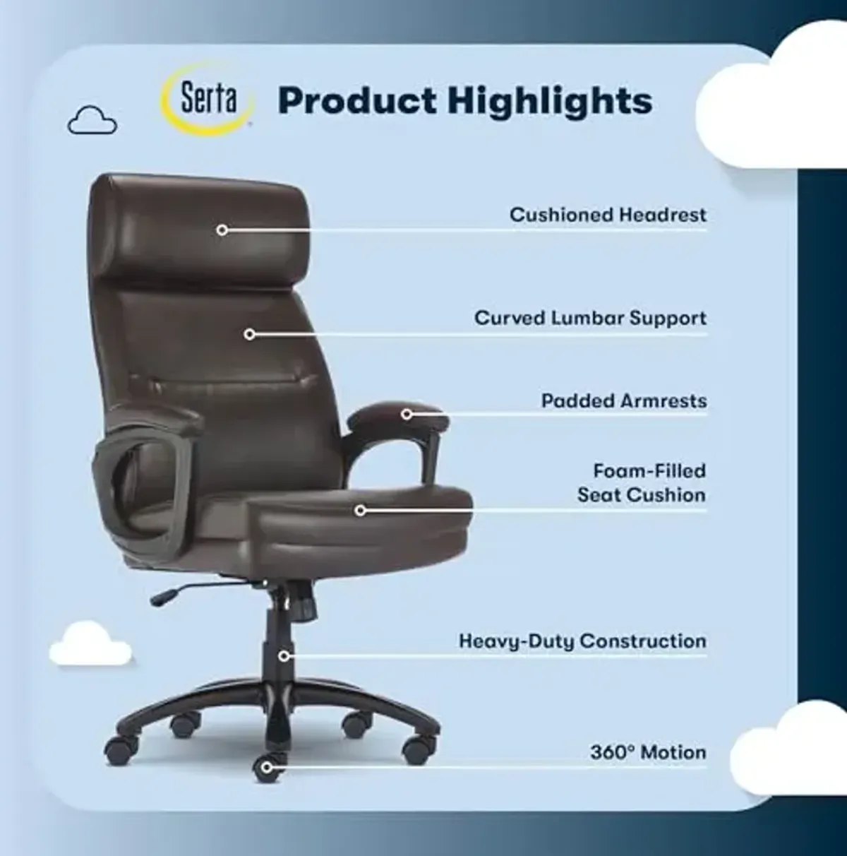 Serta Comfort Executive Big & Tall Office Chair, Ergonomic High-Back Computer DeskChair, Semi Plush Cushion Seat, Soft Padded Armrests, SertaQuality Foam, Metal Swivel Base, Bonded Leather, Black