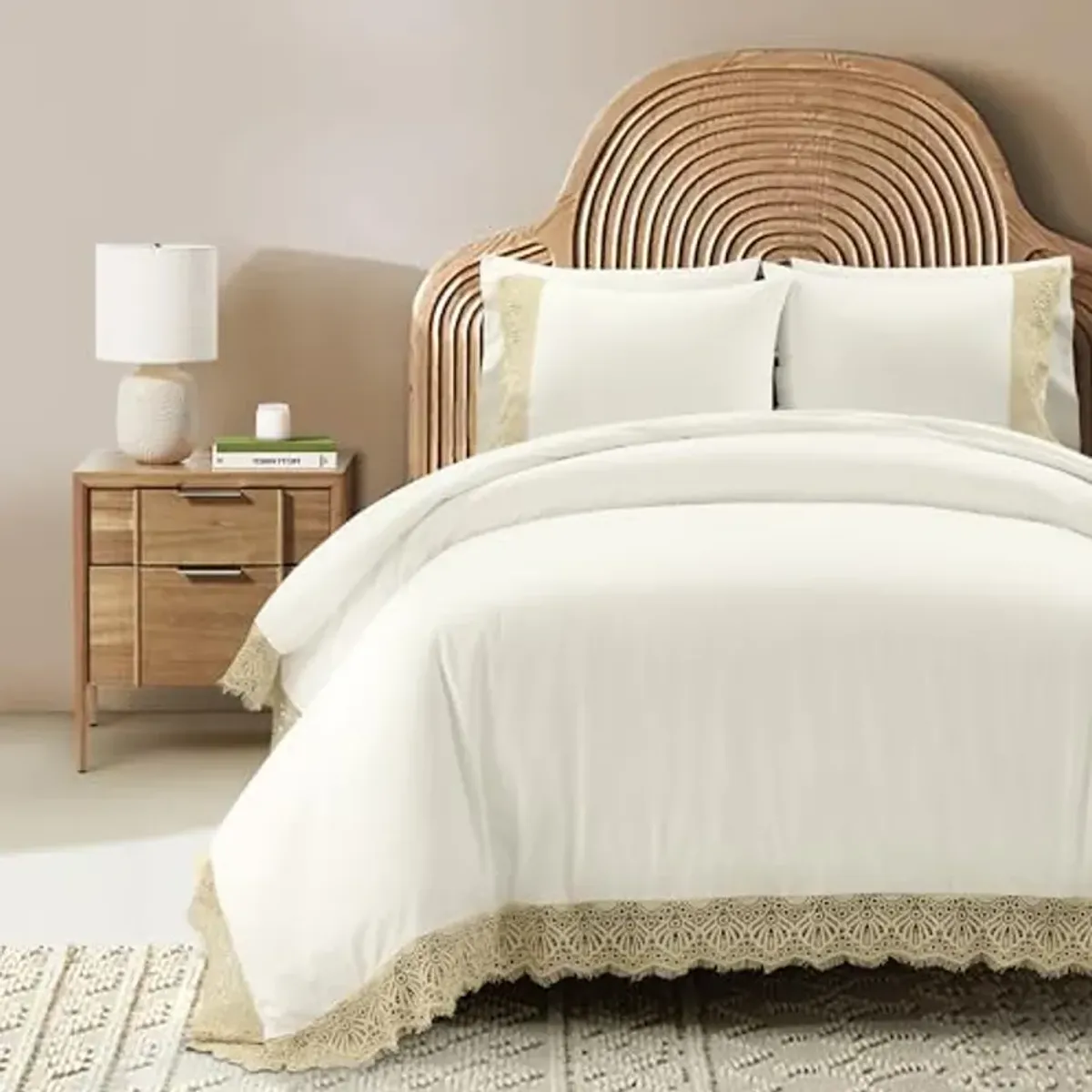 Lush Decor Scallop Lace Cotton Duvet Cover Set, 3 Piece Set, Full/Queen, Beige - Neutral Bedding Set - White Duvet Cover - Scalloped Lace Trim - Vintage, Country Cottage & Farmhouse Bedroom Decor