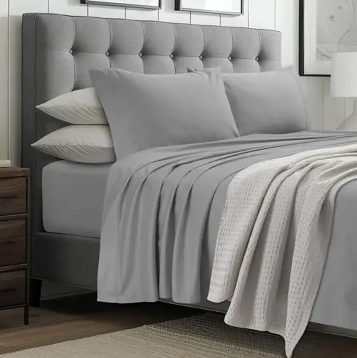 Tribeca Living 1000 Thread Count Egyptian Cotton Standard Pillowcases, Luxurious and Ultra Soft Sateen Weave, Set of 2, Envelope Closure, Hemstitch Detail, Mist Grey
