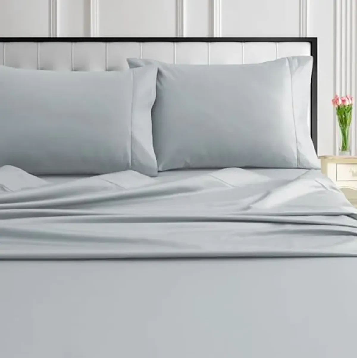 Tribeca Living 1000 Thread Count Egyptian Cotton King Pillowcases, Luxurious and Ultra Soft Sateen Weave, Set of 2, Envelope Closure, Hemstitch Detail, Mist Grey