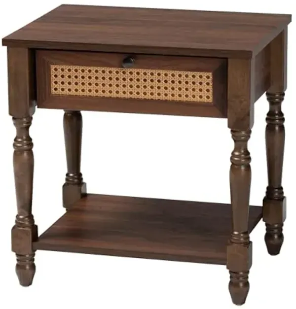 Baxton Studio Roden Transitional Dark Brown Nightstand with Rattan
