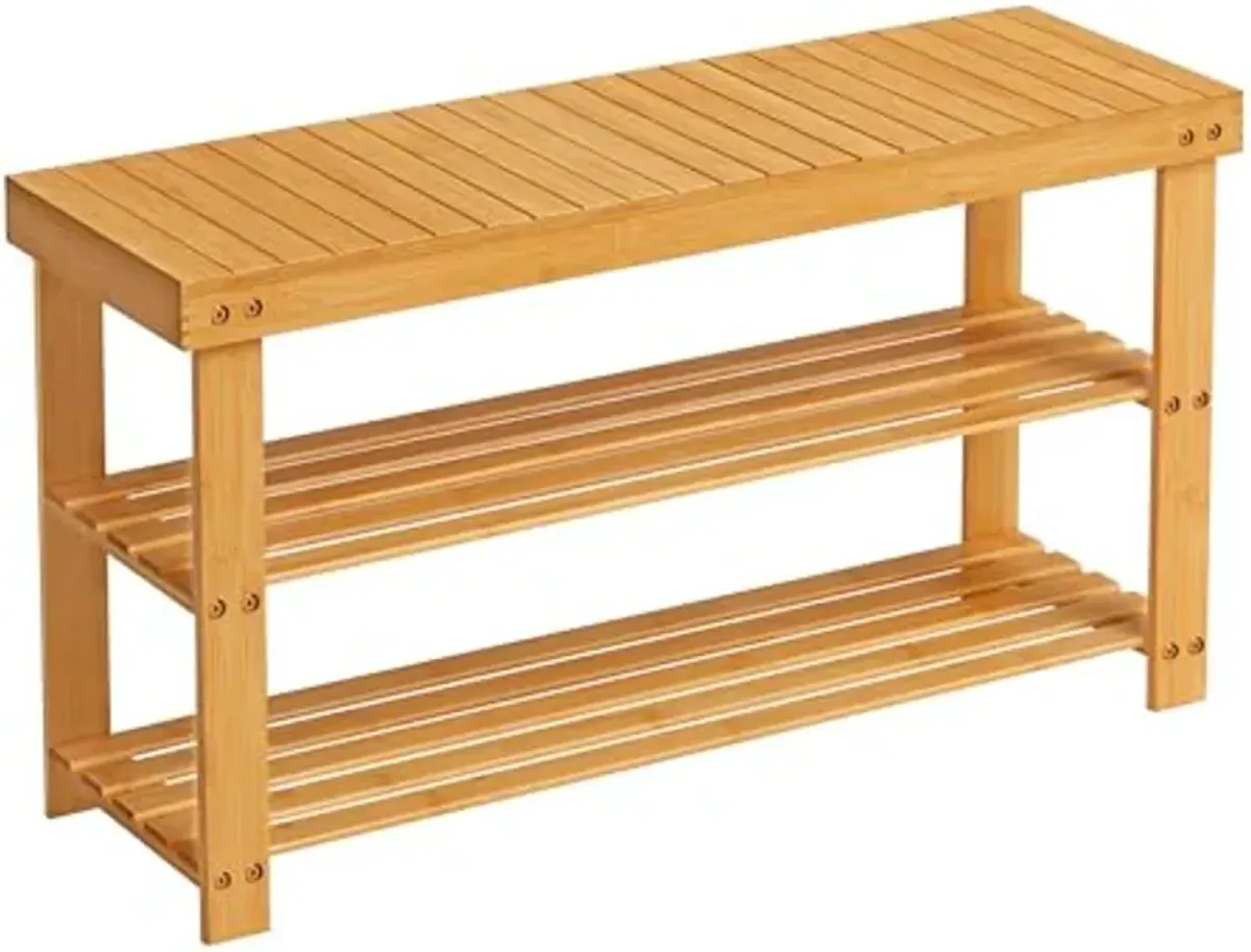 SONGMICS Shoe Rack Bench, 3-Tier Bamboo Shoe Storage Organizer, Entryway Bench, Holds Up to 286 lb, 11.3 x 35.4 x 17.8 Inches, for Entryway Bathroom Bedroom, Natural ULBS90N