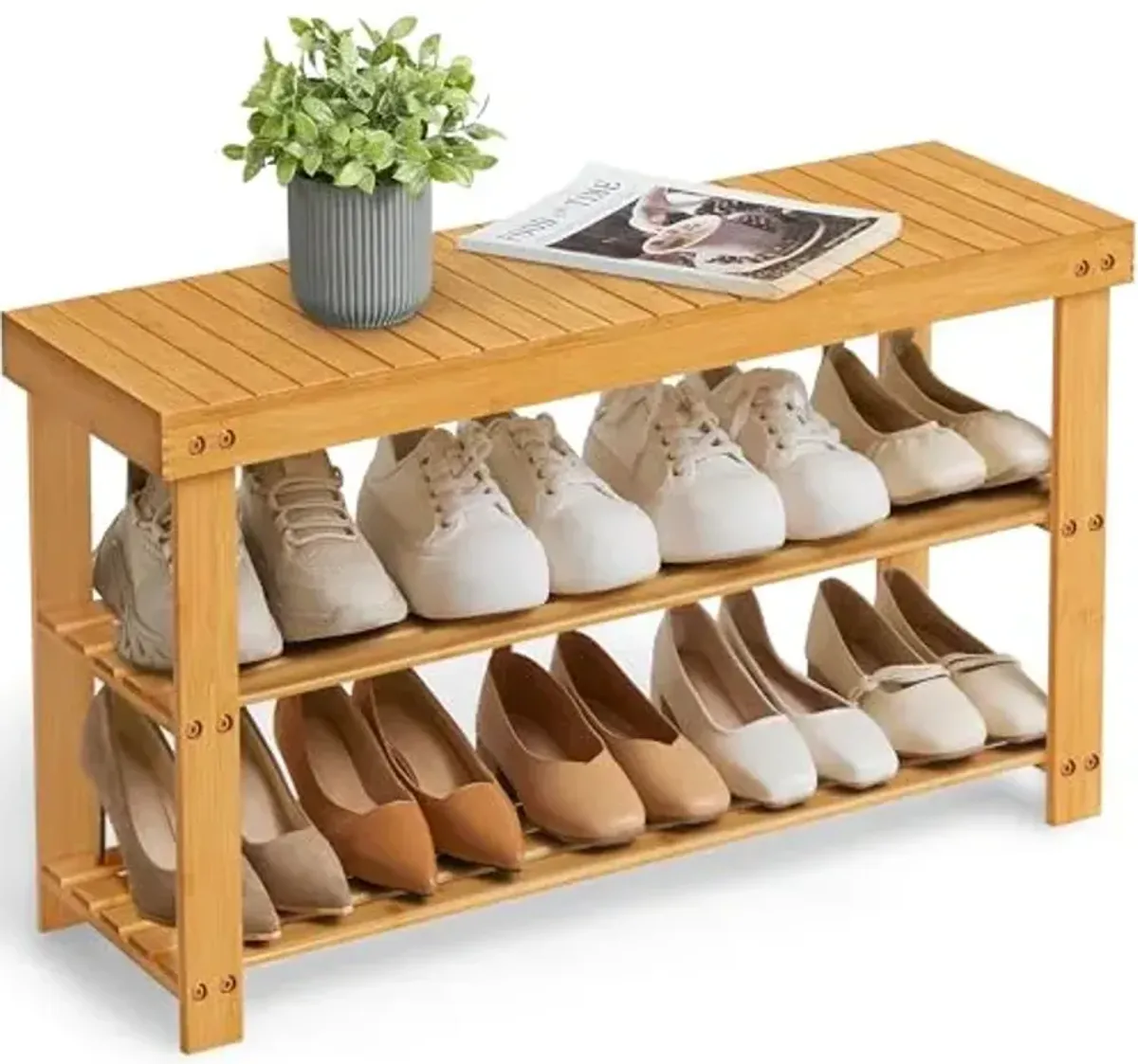 SONGMICS Shoe Rack Bench, 3-Tier Bamboo Shoe Storage Organizer, Entryway Bench, Holds Up to 286 lb, 11.3 x 35.4 x 17.8 Inches, for Entryway Bathroom Bedroom, Natural ULBS90N